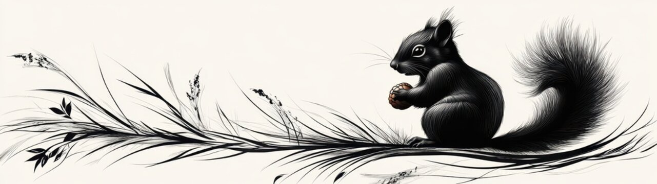 a cute squirrel holding an acorn, drawn in black and white pencil art