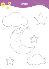 Moon and star Tracing and coloring | Basic Tracing for kids. Preschool tracing worksheet for handwriting motor skills. Hand-eye Coordination motor skills for children