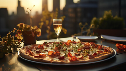 Fototapeta premium Classic pizza in restaurant at balcony. Evening lights