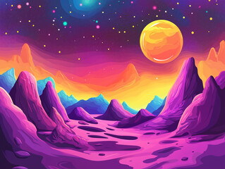 Fototapeta premium Vibrant alien landscape with colorful mountains and a large orange moon. Concept of fantasy, space, and otherworldly beauty.