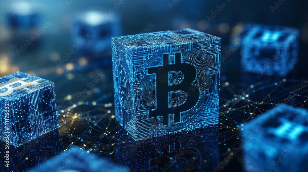 Poster abstract digital 3d blockchain icon on technology globe earth background. hologram of linked blocks 