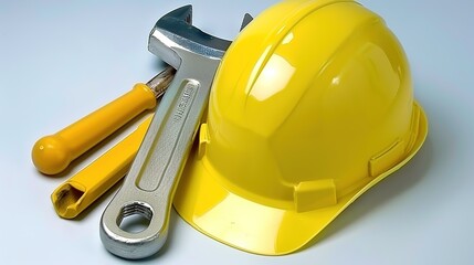 Fototapeta premium Yellow Hard Hat and Tools - A Symbol of Construction and Work Readiness. The Bright Yellow Hard Hat Paired with Assorted Tools, Representing the Preparedness and Essential Equipment for Construction 