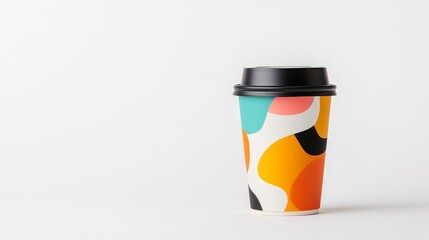 A colorful coffee cup with a black lid sits on a white background