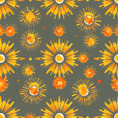 Bright and cheerful seamless watercolor pattern featuring abstract sunburst shapes in yellow and orange
