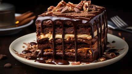 Obraz premium Plate with slice of tasty homemade chocolate cake on table