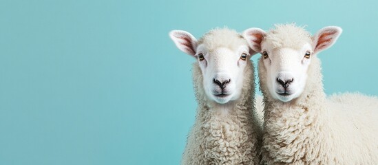 Obraz premium Two fluffy sheep with friendly expressions against a light blue background.