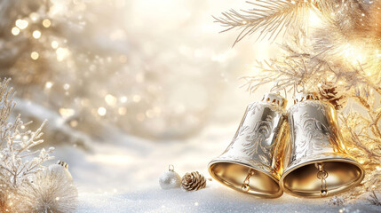 Christmas holiday decoration with vintage Christmas bells on a winter background	

