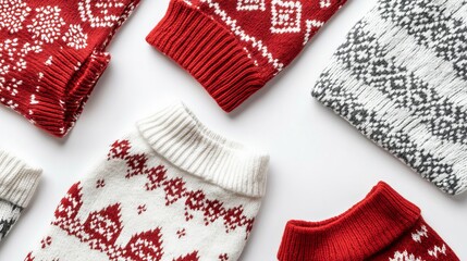 A white backdrop with a set of cozy Christmas jumpers. design of a banner.