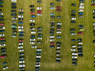 Top view Green field and parking for cars