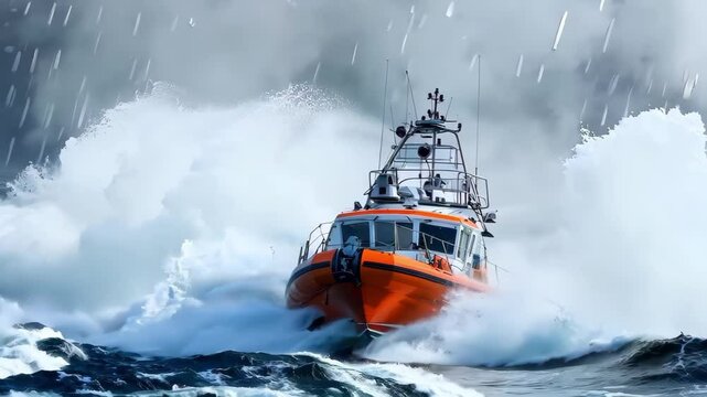 A rescue boat navigates through heavy waves and stormy weather, showcasing bravery and the power of the sea.