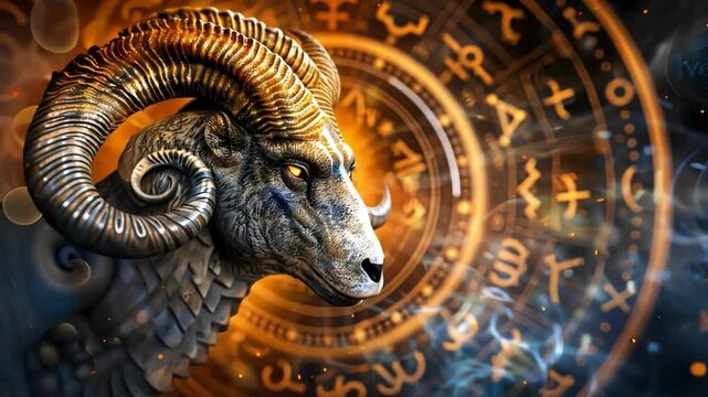 A mystical ram's head illuminated against an ancient astrological backdrop, symbolizing strength and determination.