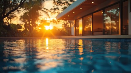 Fototapeta premium A serene sunset reflecting on a tranquil pool beside a modern home.