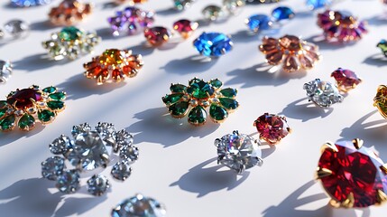 A display of colorful gemstone brooches, arranged artistically on a clean white background with sharp shadows.