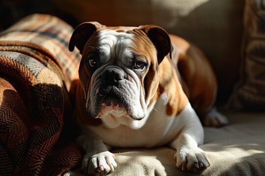 close-up adorable brown english bulldog dog lies on sofa in cozy living room with sunlight - Powered by Adobe