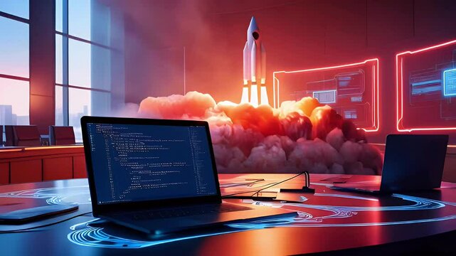 A futuristic workspace with a laptop and a rocket launch in the background.