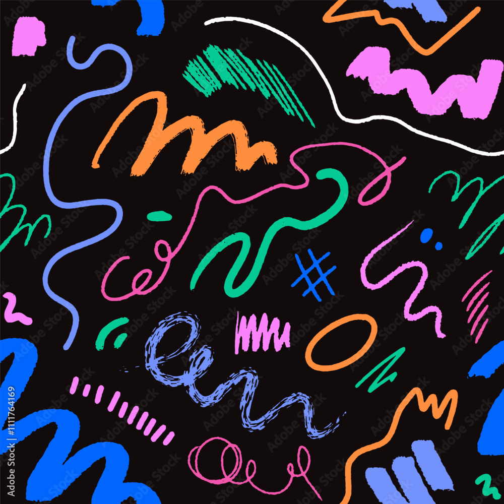 Poster seamless scribble pattern with colored doodles, squiggles and brushstroke drawings. abstract repeati
