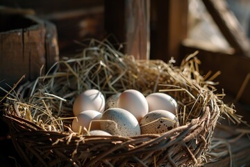 Obraz premium A close-up of fresh organic chicken eggs in nest, surrounded by straw and wooden surfaces