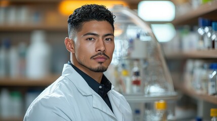 Obraz premium Male Scientist in Laboratory Coat with Serious Expression Looking at Camera