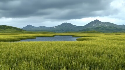 Fototapeta premium Lush Green Grassland with Calm Water Body and Majestic Mountains under Cloudy Sky