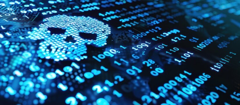 Digital skull and crossbones made of binary code on blue background with many numbers, security concept - Powered by Adobe