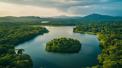 Obraz premium Expansive view of a lush jungle landscape and tranquil river during sunset