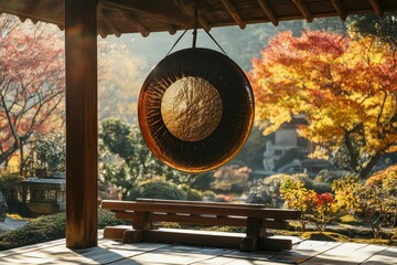Naklejka premium Autumn garden, gong, wooden bench, peaceful scene.