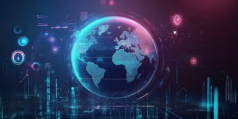 Obraz premium Futuristic transparent world globe background. Advanced global technology holographic 3d digital interface, node and data stream of cognitive science AI global network finance security and blockchain.