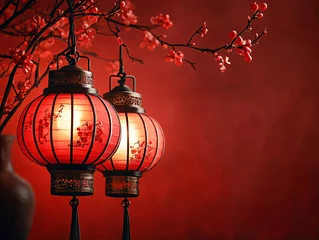 Chinese traditional red lantern decor with blossom flower. Chinese New Year decoration. 