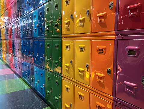 School lockers. A wall of colorful school closets. 