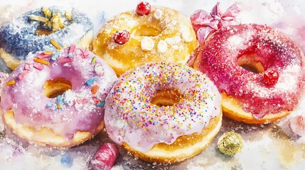 Obraz premium New Year sweets dessert luxury. Gilded donuts, topped with edible glitter and festive garnishes, Watercolor style