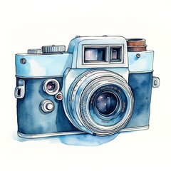 watercolor illustration blue retro vintage photo camera isolated on white background