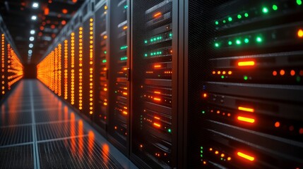 A modern server room filled with racks of servers, displaying various lights indicating activity.