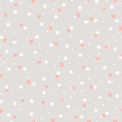 winter holiday. gray repetitive background. pink hearts, white snowflakes. vector seamless pattern. fabric swatch. wrapping paper. christmas template for greeting card, flayer. textile design element