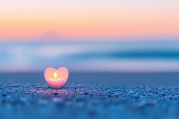 Fototapeta premium Romantic heart-shaped candle glowing on the beach at sunset. A warm and peaceful scene symbolizing love, hope, and serenity—perfect for Valentine's Day, weddings, and inspirational concepts