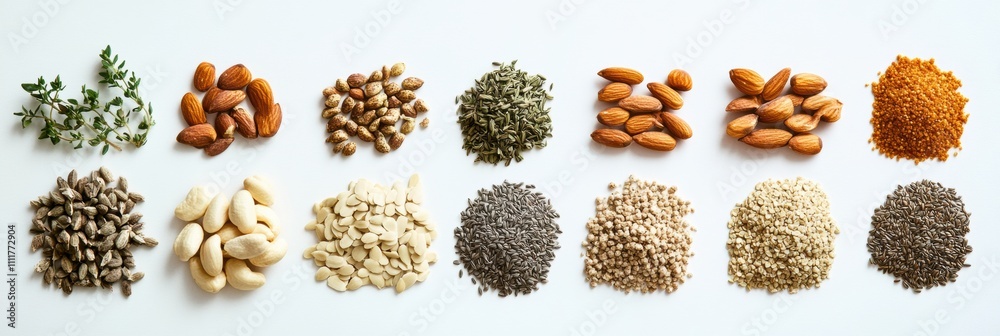 Poster a variety of organic seeds, nuts, and herbs arranged neatly on a white surface, providing empty spac