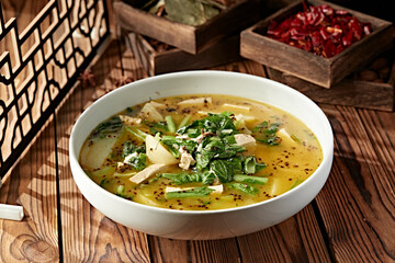 Potato,tofu and cabbage stew with sesame flowers
