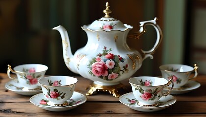 Fototapeta premium Elegant tea set display cozy home environment photography vintage chic close-up view timeless tea culture inspiration