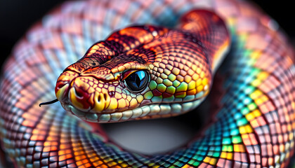 "A mesmerizing snake with fractal-like patterns slithers gracefully, its holographic scales shimmering and shifting colors with every movement."