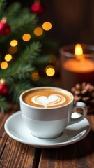 Fototapeta premium cappuccino cup, christmas greeting festive decorated background, holiday greetings, template design coffee shop.