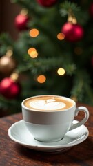 Fototapeta premium cappuccino cup, christmas greeting festive decorated background, holiday greetings, template design coffee shop.