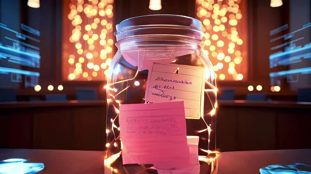 A glowing jar filled with notes, set in a warmly lit room with a blurred background.