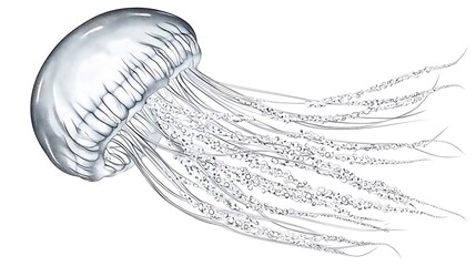 Detailed Drawing of a Translucent Jellyfish in Water