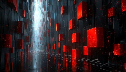 Naklejka premium Abstract Red Cubes Corridor Digital Art