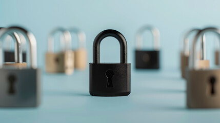 Naklejka premium Black padlock surrounded by blurred locks on light blue background, symbolizing security and protection