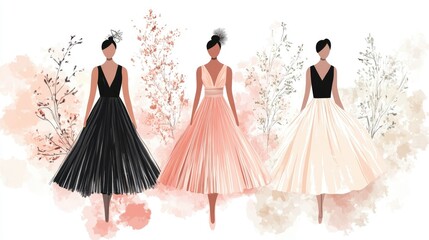 Obraz premium Chic and stylish dress illustrations perfect for weddings, galas, and celebrations in soft seasonal palettes