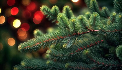 Magical Christmas Pine Needles with Glowing Bokeh Lights – Festive Holiday Nature Background