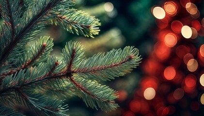 Magical Christmas Pine Needles with Glowing Bokeh Lights – Festive Holiday Nature Background