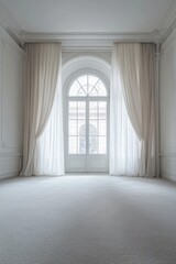 Obraz premium An empty room with white walls, a large arched window and sheer curtains