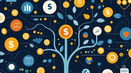 Naklejka premium Dynamic flowchart of business decisions, investment pathways, and financial outcomes in an infographic style