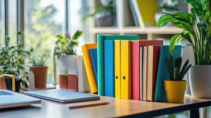 Colorful books arranged on a desk in a brightly lit modern office, showcasing a creative and vibrant workspace